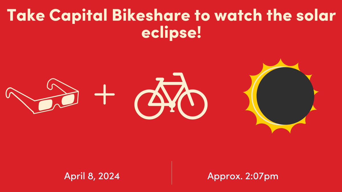 Headed somewhere special tomorrow for the solar eclipse? Hop on a Capital Bikeshare bike to get you there! New CaBi riders can use the code “ECLIPSEDC24” tomorrow in the Capital Bikeshare app for a free unlock. Terms apply.