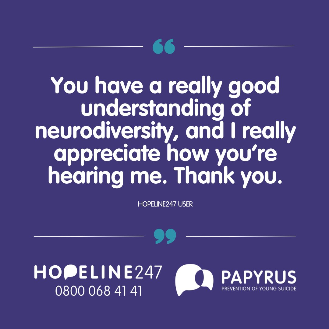 Feel truly heard and understood with HOPELINE247. Our suicide prevention advisers appreciate the uniqueness of your journey, especially when it comes to neurodiversity. If you need support with suicidal thoughts, we are here day and night on 0800 068 4141.💜 #Suicideprevention