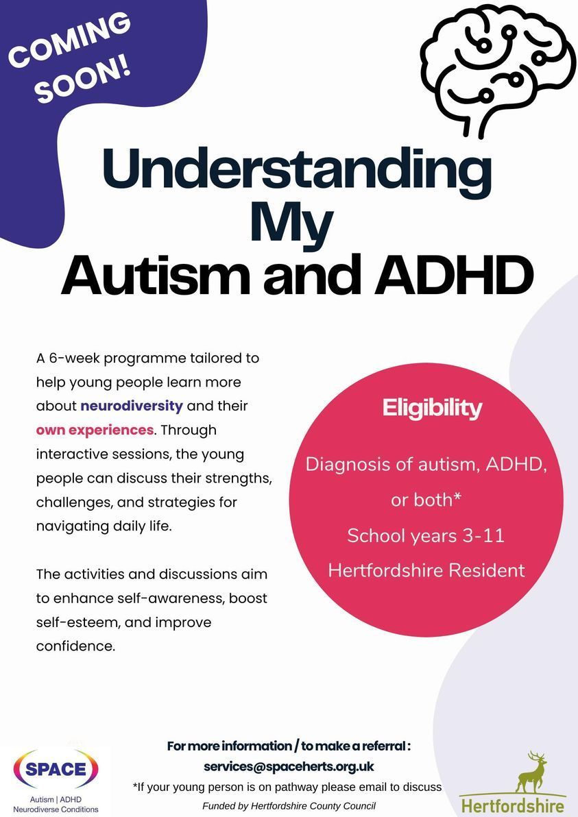 Understanding My Autism and ADHD is a 6-week programme for young people with a diagnosis of autism, ADHD, or both. Tailored to help young people learn more about neurodiversity through interactive sessions where young people can discuss their strengths, challenges, and strategies