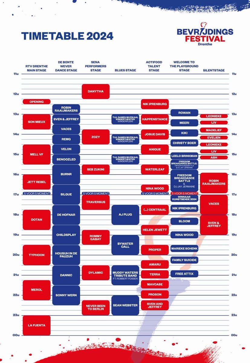 Nu weet je precies hoe laat je waar moet zijn! 🤩

De timetable van Bevrijdingsfestival Drenthe 2024!

Ben je nou benieuwd hoe deze artiesten klinken: open.spotify.com/playlist/2GKfr… 🎹📸

✅bevrijdingsfestivaldrenthe.nl

#bfd24 #timetable #assen #delenislief