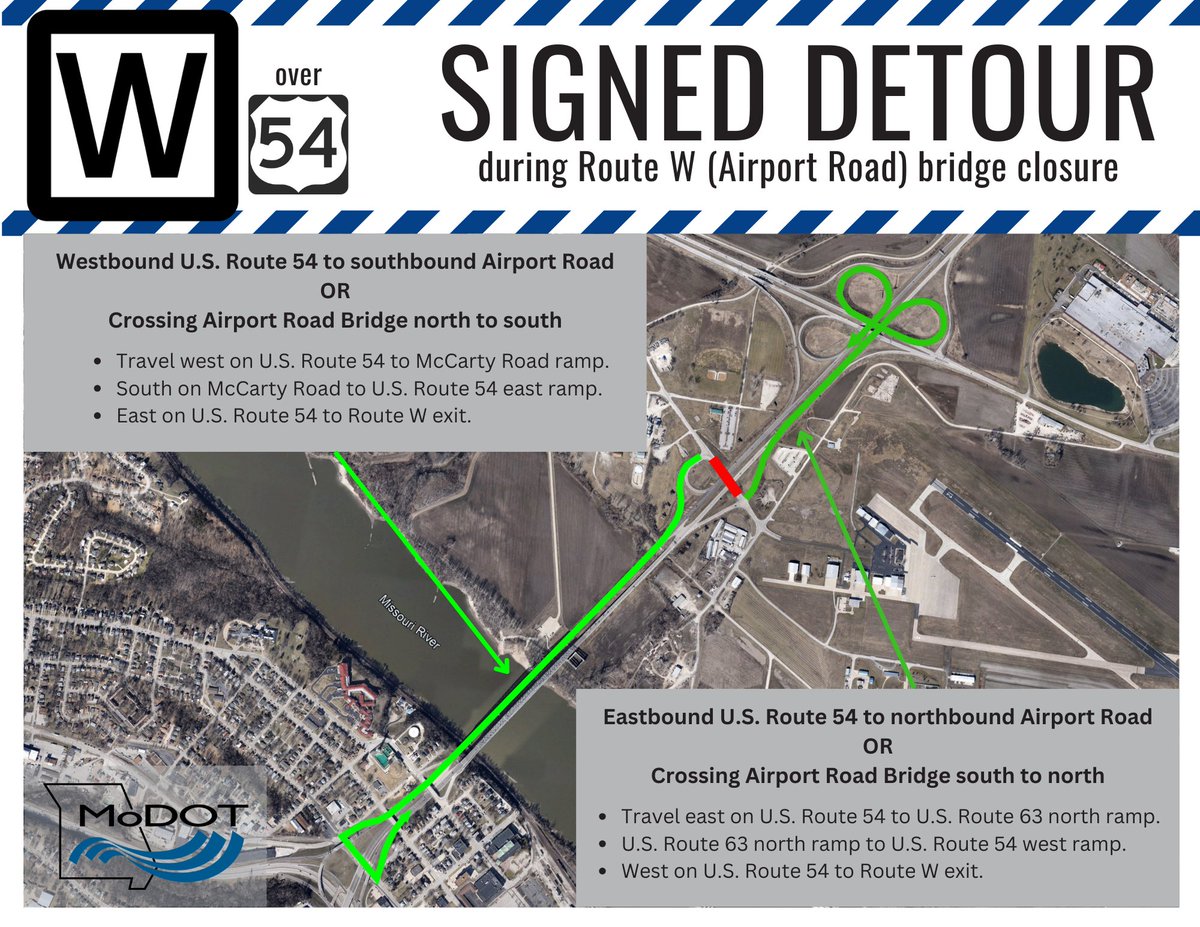 REMINDER: Callaway County Route W (Airport Road) overpass bridge over U.S. Route 54 will CLOSE tomorrow for up to 60 days. Want to stay up-to-date about the construction work on U.S. Route 54 in Jefferson City? Visit modot.org/guide-us-route…!