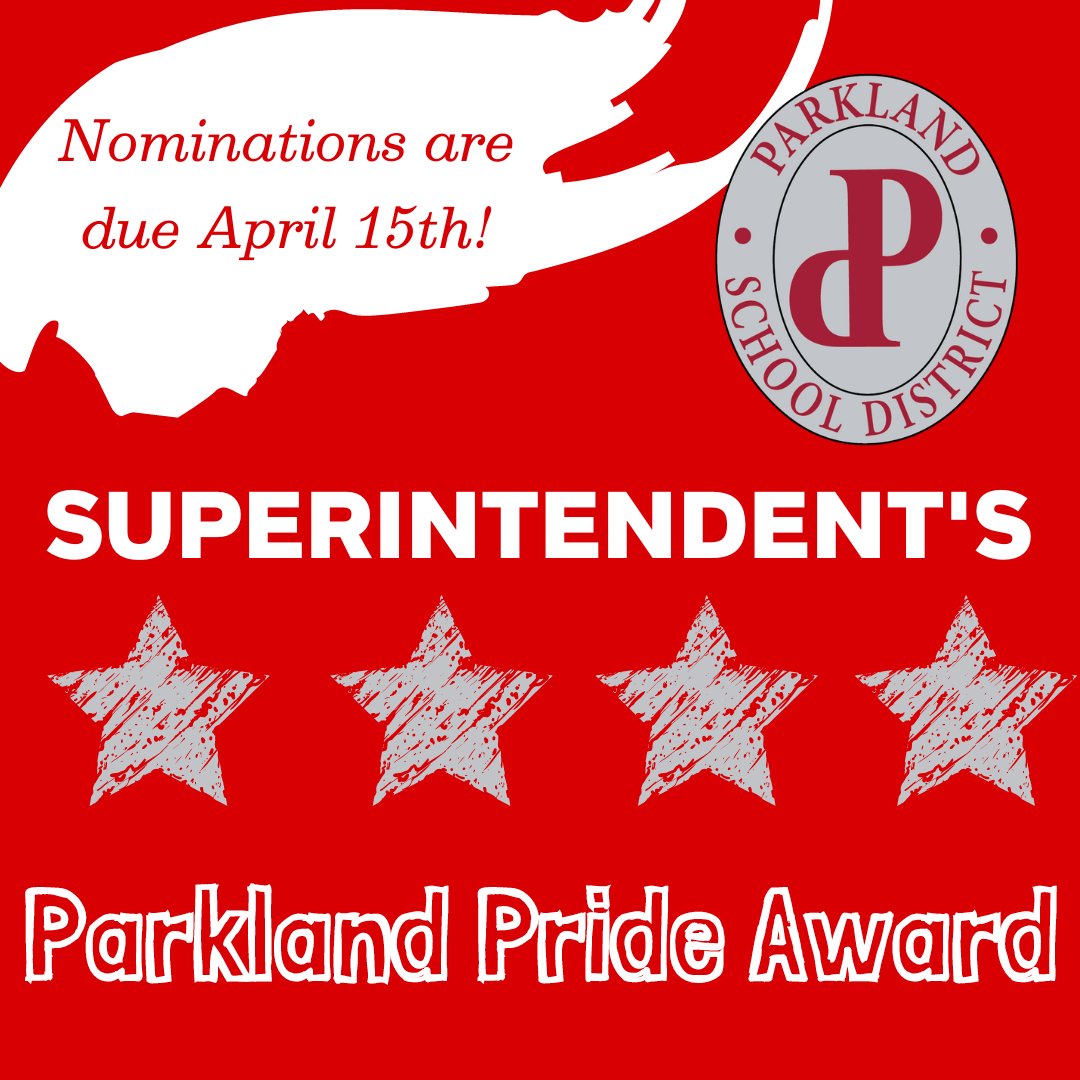 The Superintendent's Parkland Pride Award recognizes outstanding achievements of employees and volunteers within the PSD. Nominate someone who has gone the extra mile this year to make you #ParklandProud! Learn more and nominate someone here: trst.in/JVkdA9
