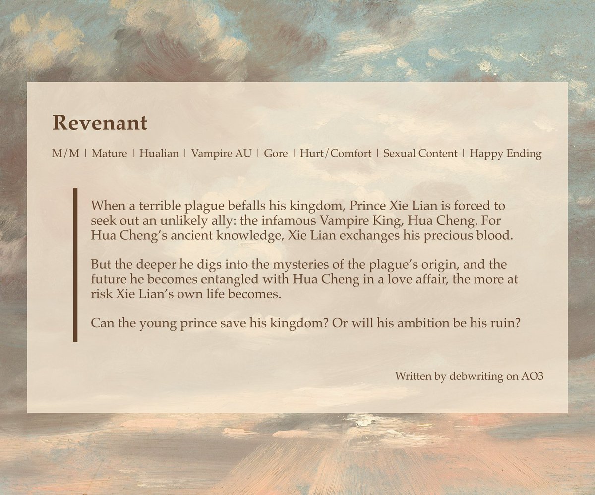 Revenant, a TGCF Vampire AU, now completed. All chapters are available on AO3. Link: archiveofourown.org/works/53342227… #TGCF #天官赐福 #hualian
