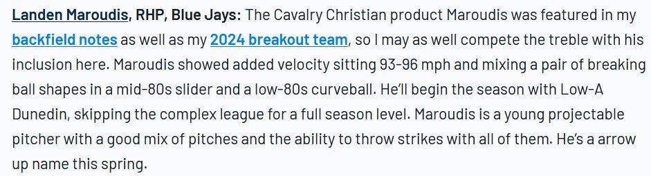 Fernando Perez and Landen Maroudis are both included in Baseball America's 20 Breakout Pitching Prospects Article