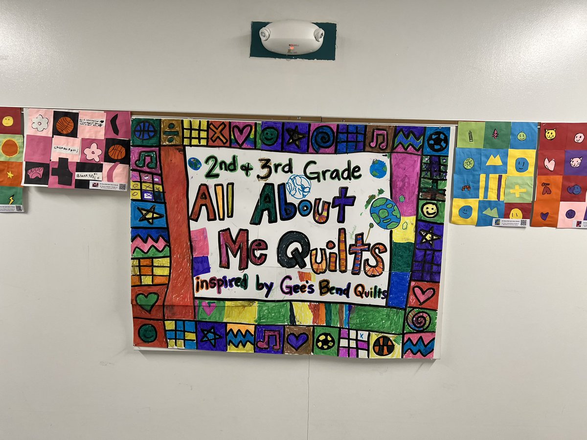 msmeyerart's tweet image. 2nd &amp;amp; 3rd Grade had their music show a few weeks ago, Pajama Party! In art class, students created All About Me Quilts, inspired by Gee’s Bend Quilts, to hang up for the show. Nice work, everyone! 🖍️🖼️ #beabulldog #séunbulldog