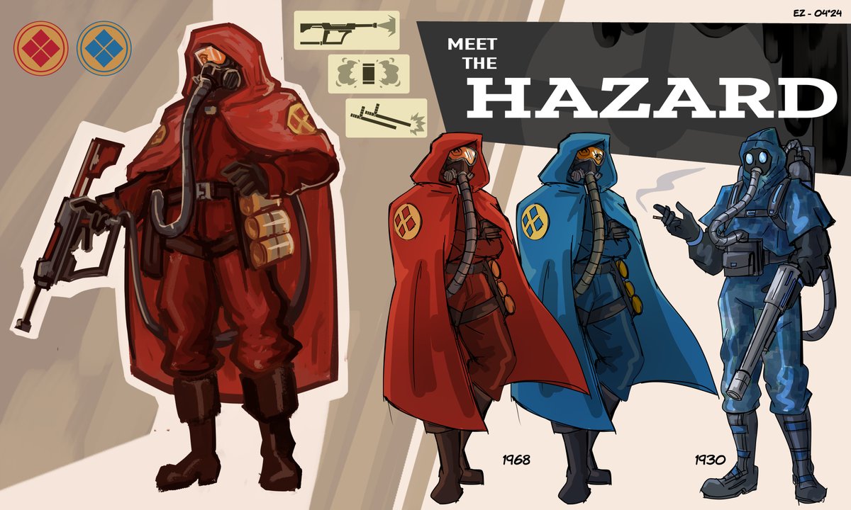 updated Hazard's refs + tried my hand at a quick comic edit of them!  they're my tenth class ocs and they use chemical weapons :) #tf2 #tf2oc, image size:1200x720