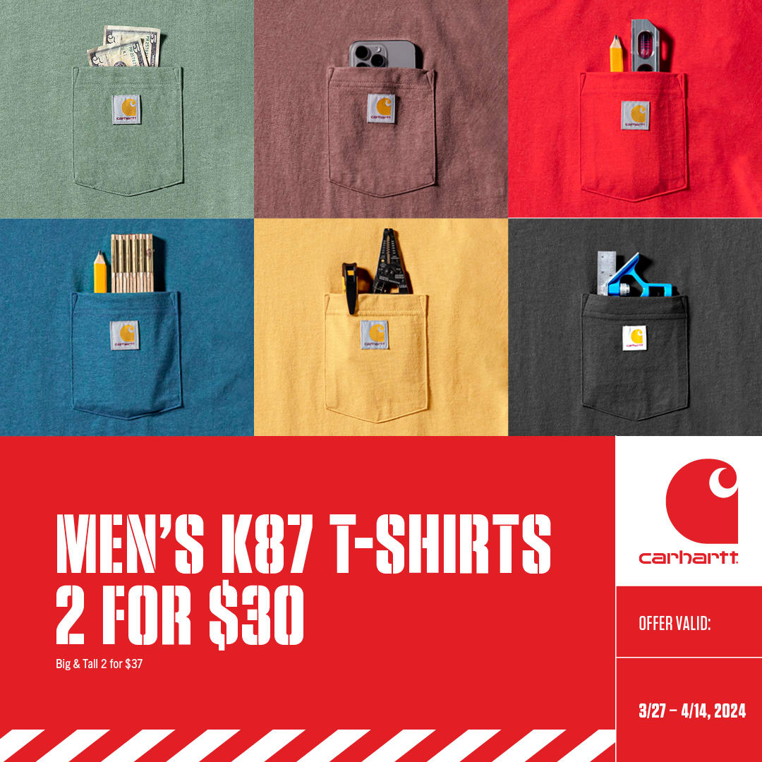 Keep more of your money in your pocket. For a limited time only, grab two men's K87 t-shirts for $30 at Trav's Outfitter!

#travsoutfitter #watertownsd ##carhartt #k87