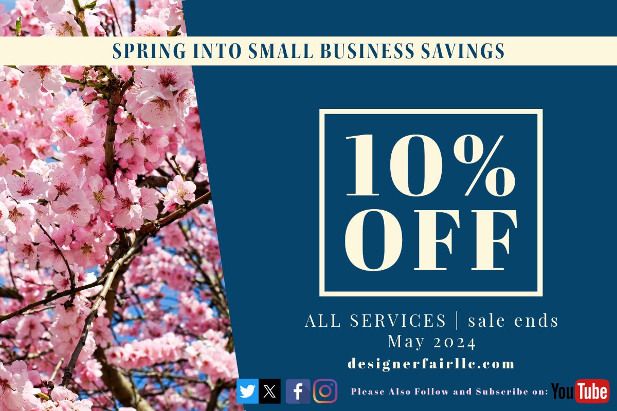 Good morning, its our SPRING into Small Business Savings event, sale ends MAY 1st. Get 10% OFF your final order on any one of our professional design services.  #designerfair #SpringSavings #smallbiz #smallbusinessbigdreams