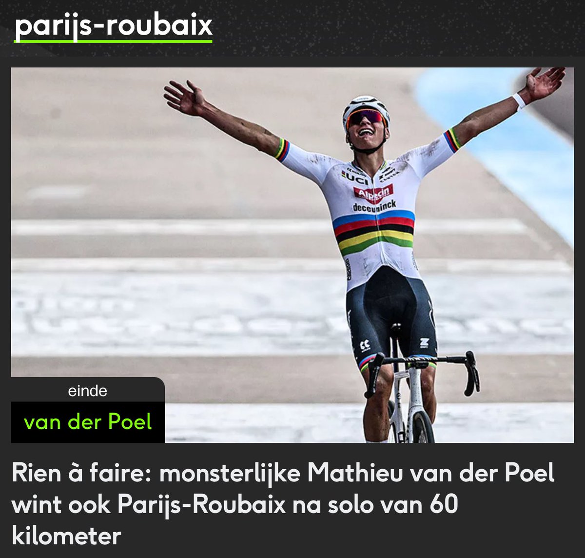 Keer op keer indrukwekkende @mathieuvdpoel. Al een jaar de beste versie van zichzelf. Unieke koerstijden. En ook het bewijs hoe straf mensen als @WoutvanAert en @TamauPogi zijn die als enkelingen dit ook in zich hebben. We mogen dit niet vergeten als het eens niet lukt.