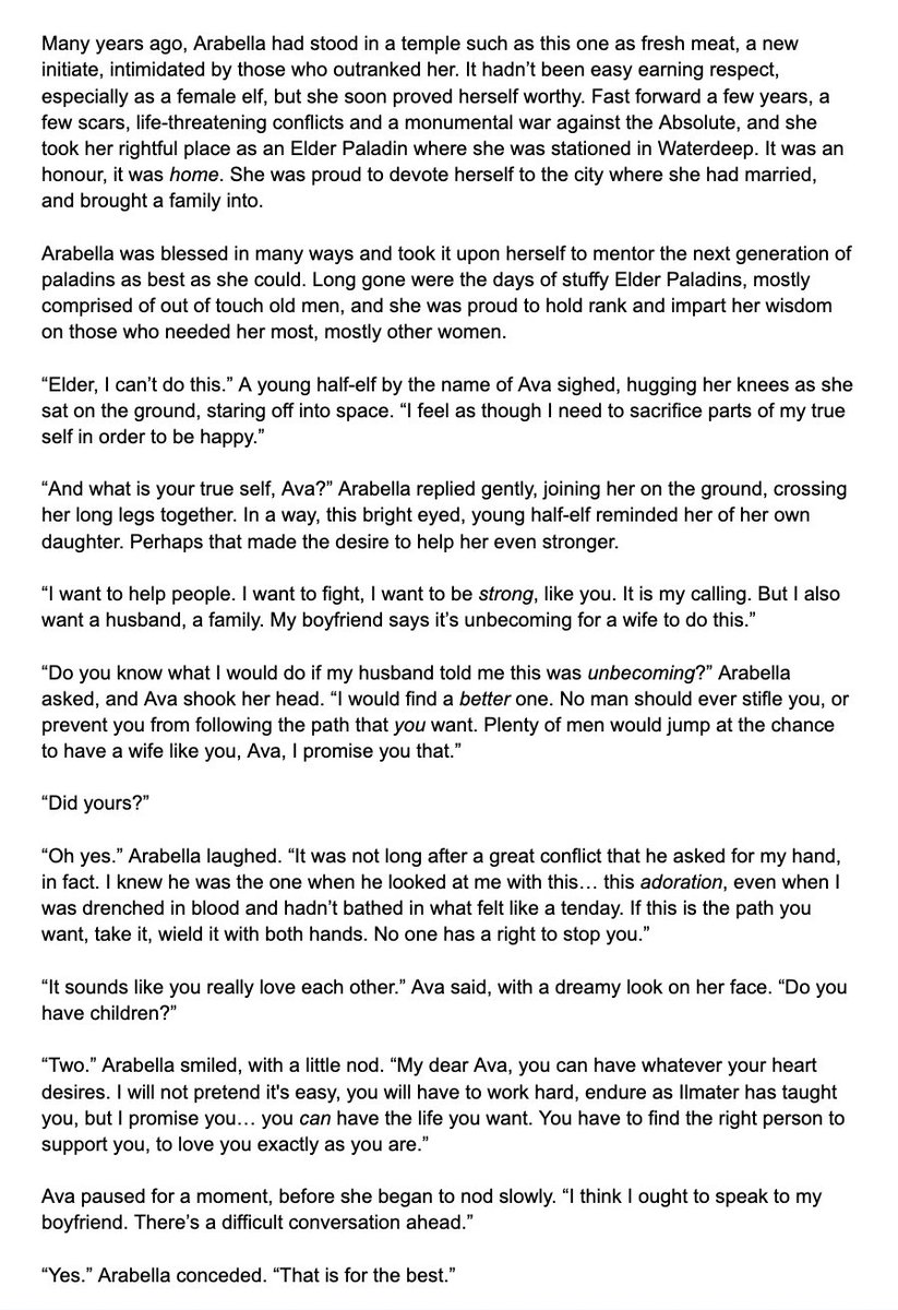 For my second April #BG3WIPs I chose Owl: words of wisdom 🦉

Here, my paladin Arabella speaks to a young initiate who is struggling with her sense of self and future plans. I do love the fact she basically went 'Dump him, queen' 😂
