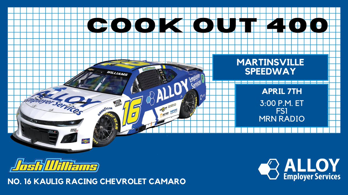 Short track racing on Sunday at Martinsville! 🌭

🏁: @MartinsvilleSwy 
📍: Ridgeway, Virginia
🕰: 3:00 p.m. ET
📺: @FS1
📻: @MRNradio 

#StrongerByDesign | #CookOut400 | @Josh6williams | @KauligRacing