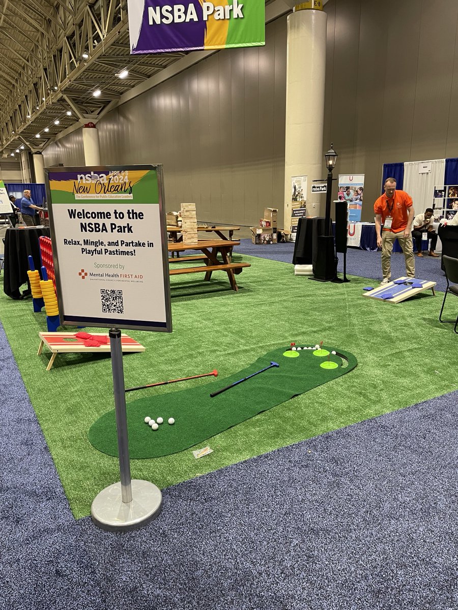 If you're attending @NSBAPublicEd's #NSBA2024, take a break and play some games with Mental Health First Aid at NSBA Park in the exhibit hall! We have activities like a putting green, Jenga, and bean bag toss that are guaranteed to make networking more fun.