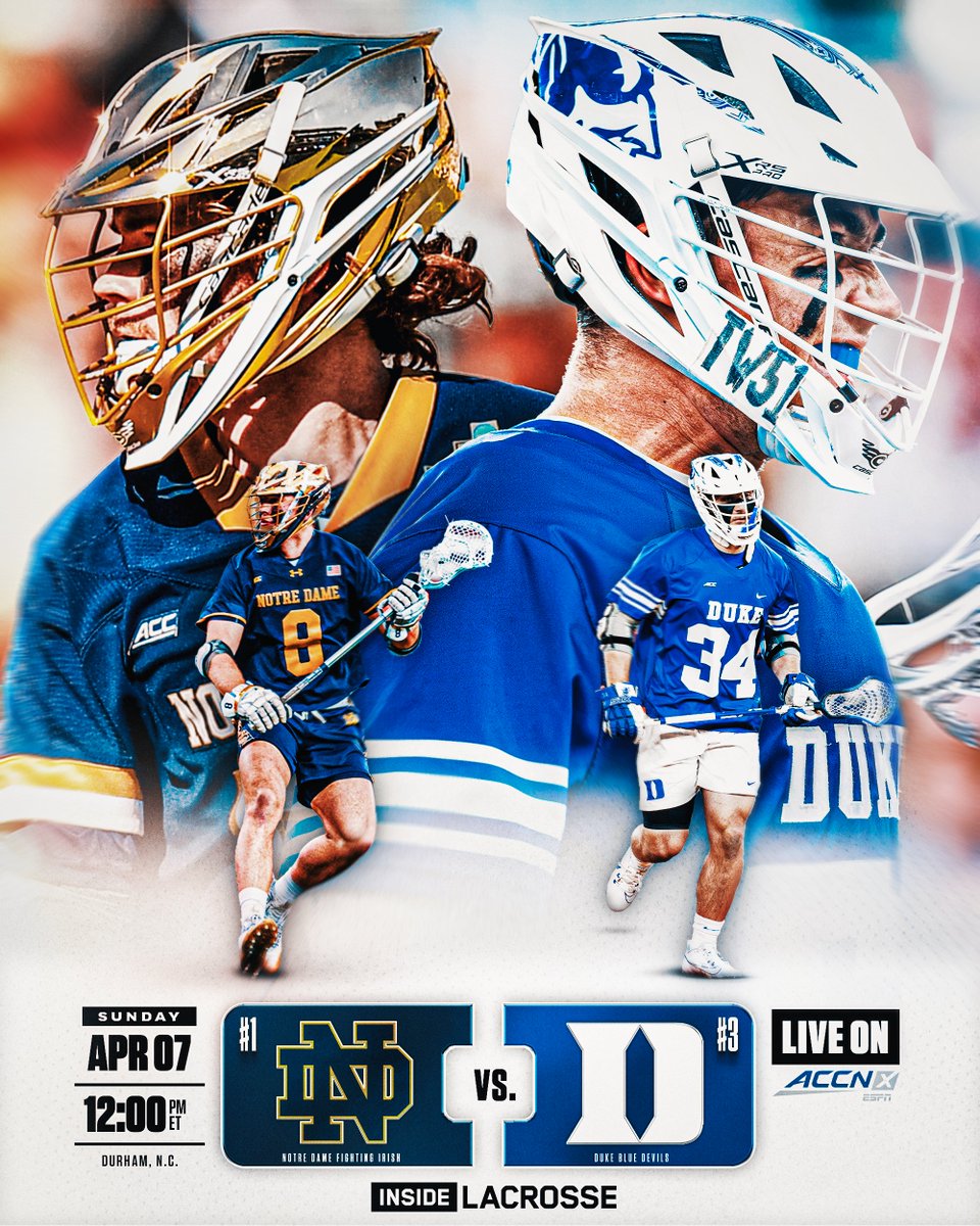 𝑵𝒂𝒕𝒊𝒐𝒏𝒂𝒍 𝑪𝒉𝒂𝒎𝒑𝒊𝒐𝒏𝒔𝒉𝒊𝒑 𝑹𝒆𝒎𝒂𝒕𝒄𝒉 No. 1⃣ @NDlacrosse visits No. 3⃣ @DukeMLAX looking for their fifth-straight win in the matchup series against the Blue Devils at noon EST on the ACC Network. Live stats/streaming link: insidelacrosse.com/league/di/scor…