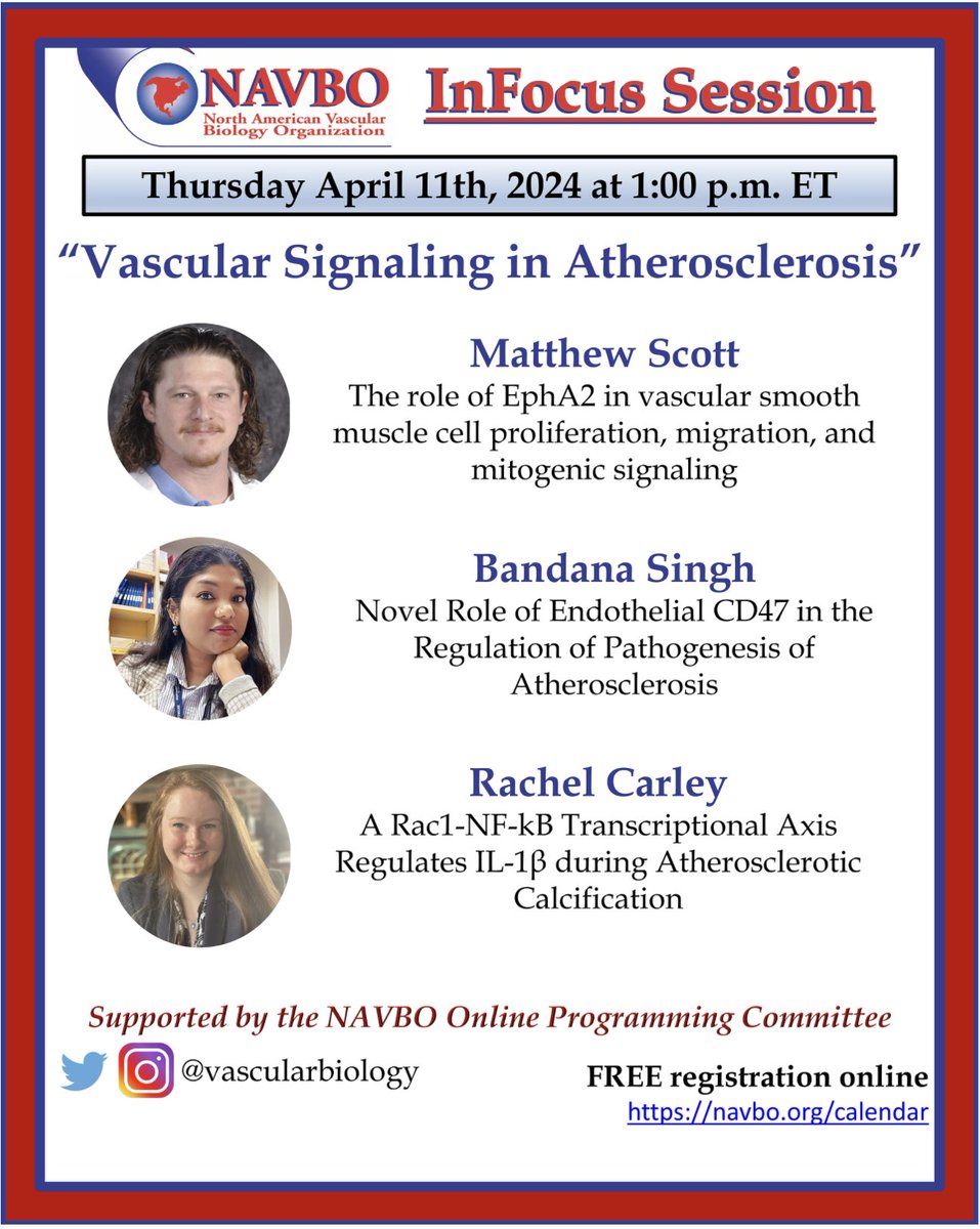 Happening this week #InFocusSession on vascular signaling in atherosclerosis. #atherosclerosis #vascular #vascularsignaling Speakers were selected from abstracts submitted to Vascular Biology 2023. 👉Registration: tinyurl.com/mpf6h4xm