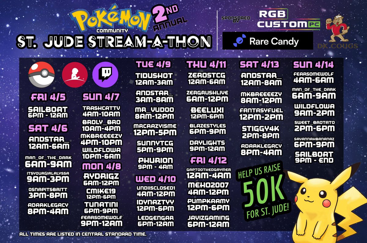 Hey Everyone! Tune into @BroLy_Bro 's Twitch @StJudePLAYLIVE charity stream. Win some giveaways, get some amazing pokemon cards / collectibles and donate for the kids! Lets do this!