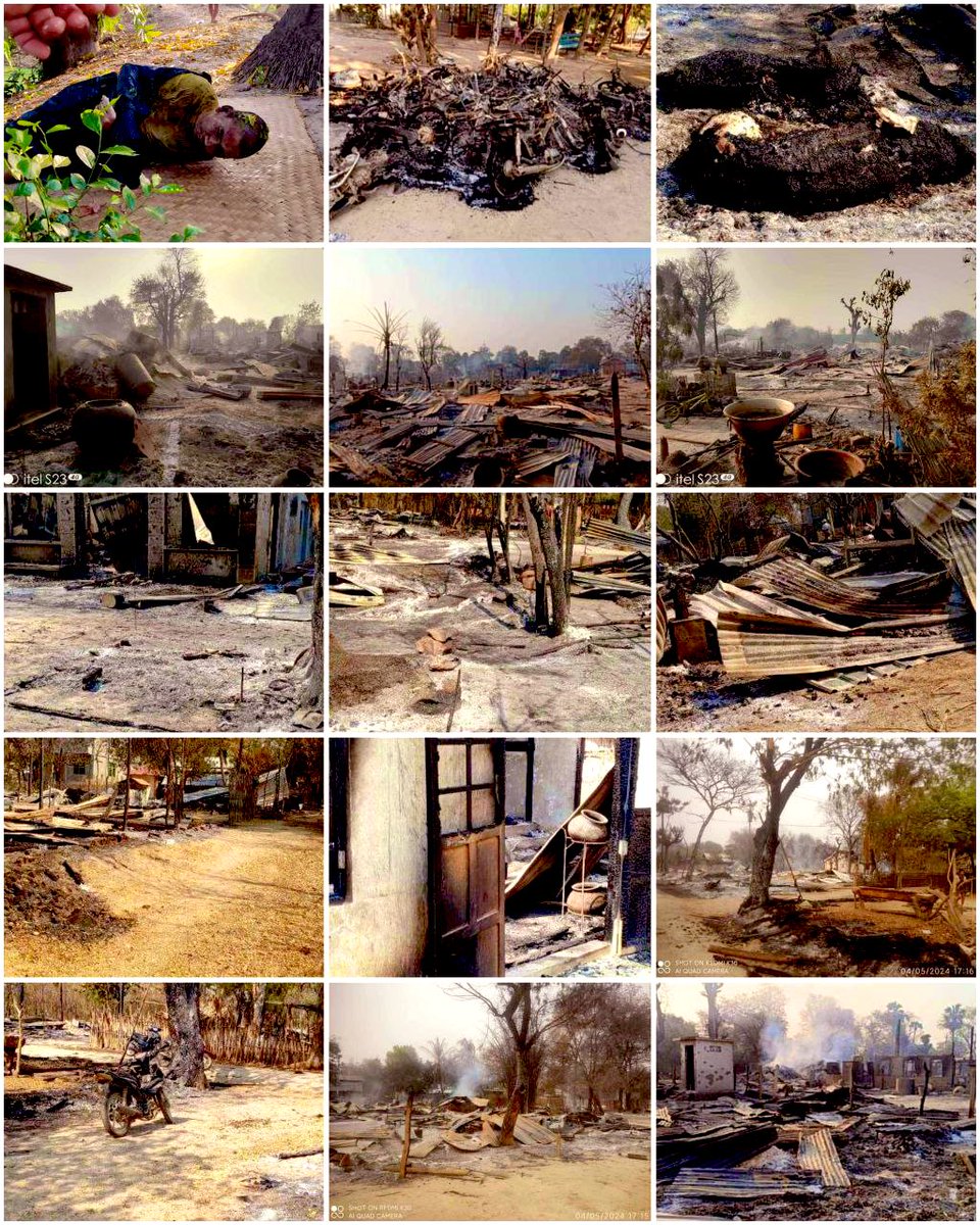 The Terrorist Army raided the #Shadaw Village, #Shwebo Township and set a flame 🔥 > 400 houses , killed 5 innocent civilians including 2 elderly people on April 6.
#WhatsHappeninglnMyanmar 
#2024Apr7Coup 
#WarCrimesOfJunta