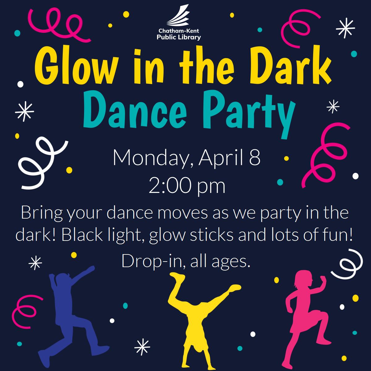 Bring your dance moves and get ready to party at the Chatham Branch of the Chatham-Kent Public Library with a special Glow in the Dark Dance Party! Blacklight, glow sticks, and lots of fun on Monday, April 8 at 2pm.
#YourTVCK #TrulyLocal #CKont #CKPL #DanceParty