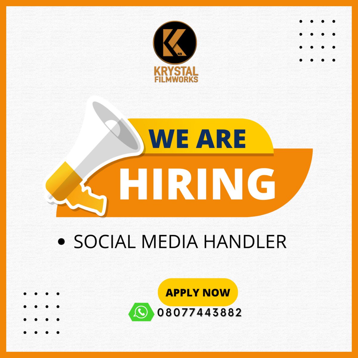Krystal FilmWorks is in search of a Social media Handler.

 - Should know how to navigate Canva
 
Reach us on WhatsApp- 08077443882 

#Krystalfilmworks