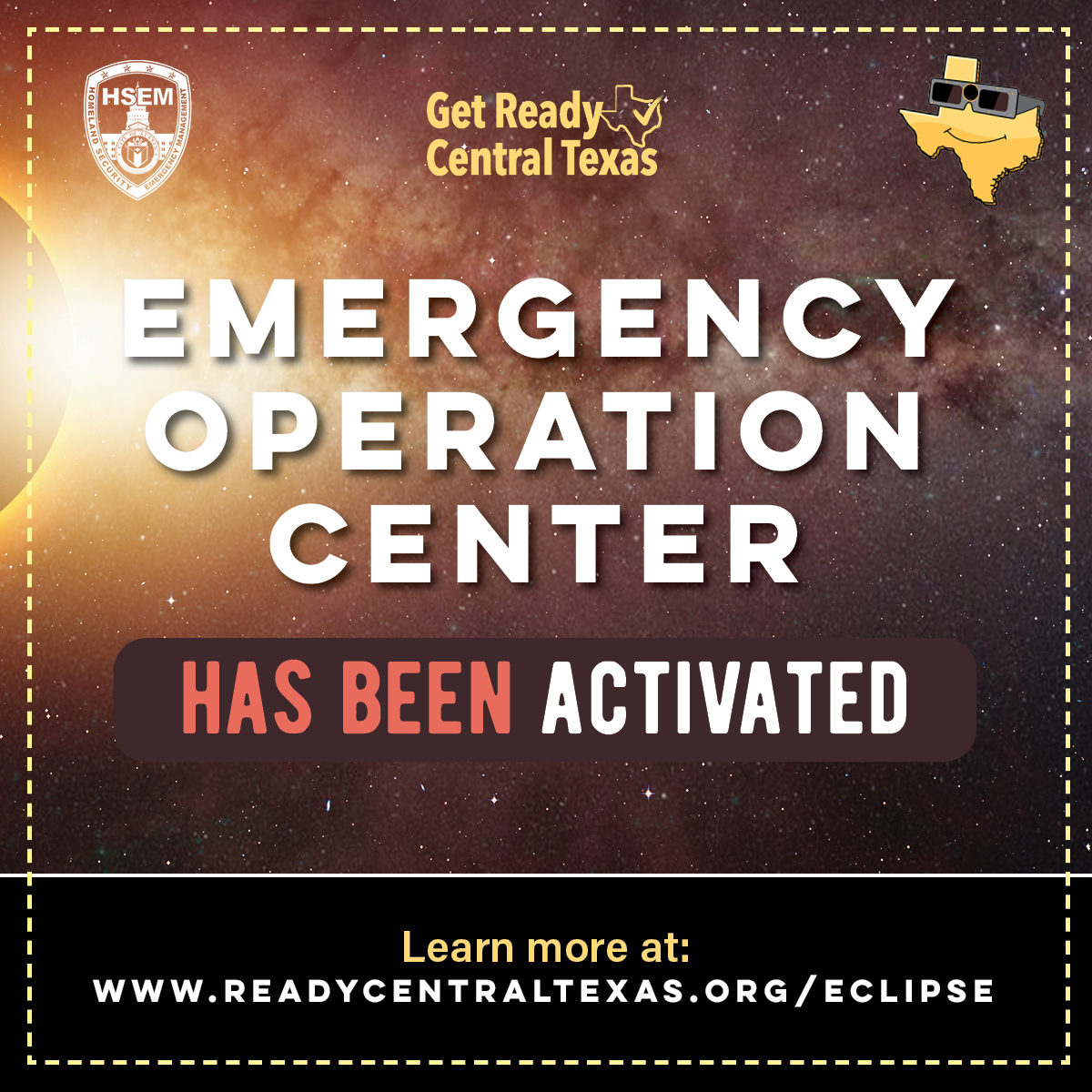 The Austin-Travis County Emergency Operation Center is activated to coordinate response related to Monday's total solar eclipse. The EOC is activated until 7 pm Sunday & Monday from 7 am - 7 pm. Critical updates will be posted online at austintexas.gov/alerts in 14 languages.
