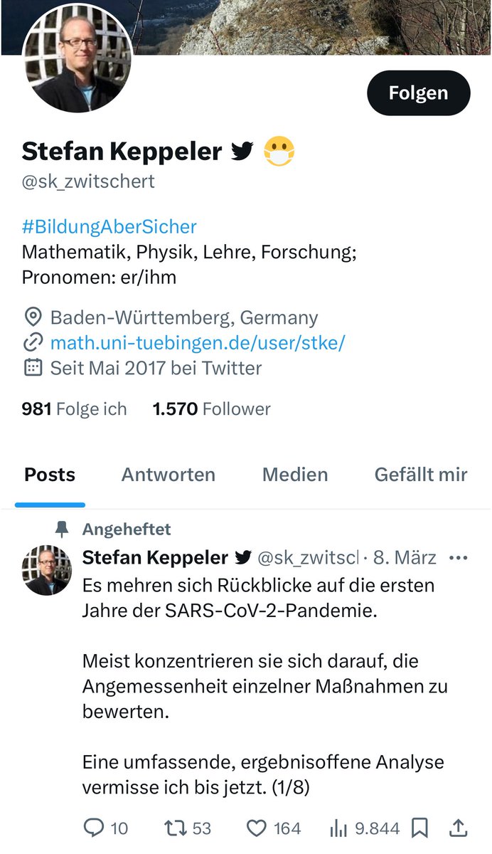 Stefan Keppeler blockt, aber Twitter vergeigt die Blockade, sodass ich sein Profil (manchmal) besuchen kann,aber keine Korrespondenz möglich ist. Seine #Aufarbeitung ist erwähnenswert rückwärtsgewandt, er hat wohl auch schon eine homogene Differentialgleichung 1. Grades gelöst.