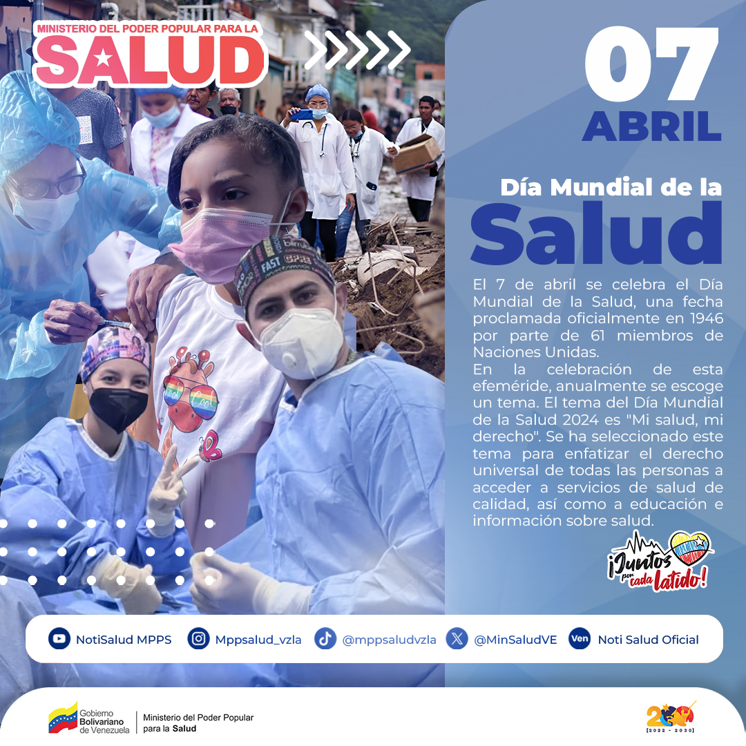 MinSaludVE's tweet photo. #7abr celebramos el Día Mundial de la Salud, en conmemoración de la creación de la Organización Mundial de la Salud (OMS) y para promover un estilo de vida saludable en la sociedad.
#JuntosPorCadaLatido
#VenezuelaSocialista
@NicolasMaduro 
@MagaGutierrezV https://t.co/wG9E1KTvKw