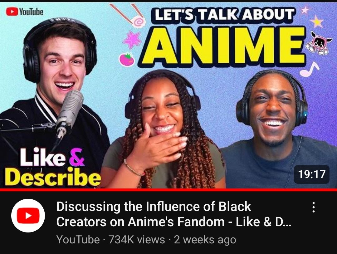 Black creators on YouTube deserve more recognition for their history of normalizing anime & continuing to push the fandom forward with things like creating YT sub-genres, adapting anime to their cultures, forming conventions, and exposing more people to anime & Black anime fans.