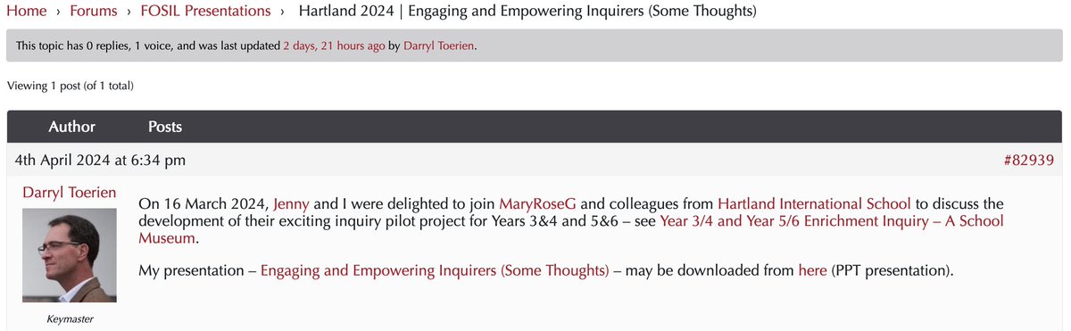 New Topic | *Year 3/4 and Year 5/6 Enrichment #Inquiry – A School Museum* &lt;tinyurl.com/54eyxec8&gt;. Links to FOSIL Presentations *Hartland  2024 | Engaging and Empowering Inquirers (Some Thoughts)* &lt;tinyurl.com/3y83uy8n&gt;.