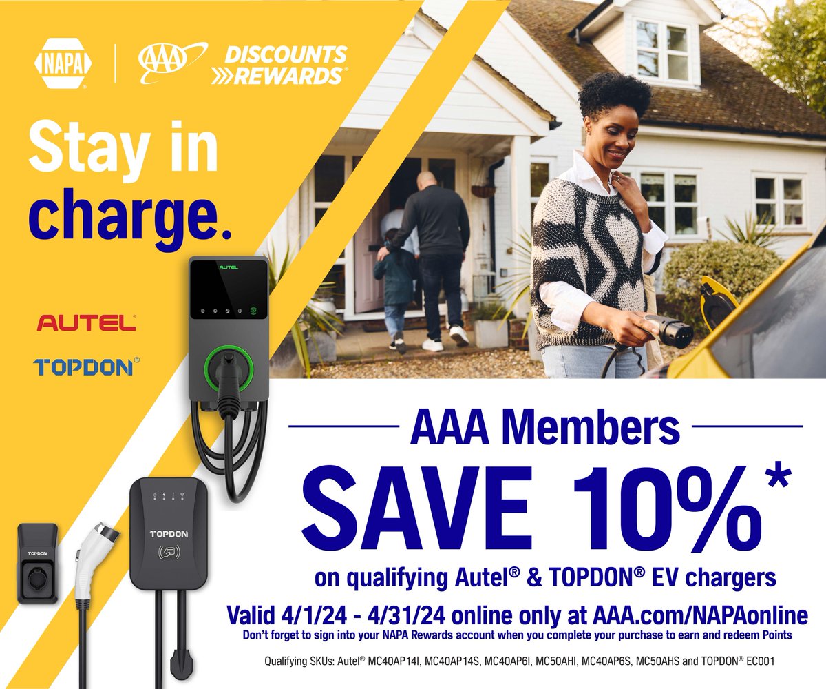 🌷 Spring into savings with your #AAADiscounts! Get exclusive deals on AUTEL and TOPDON EV chargers this April online at bit.ly/3U727nP. #springdeals #EVchargers 🚗
