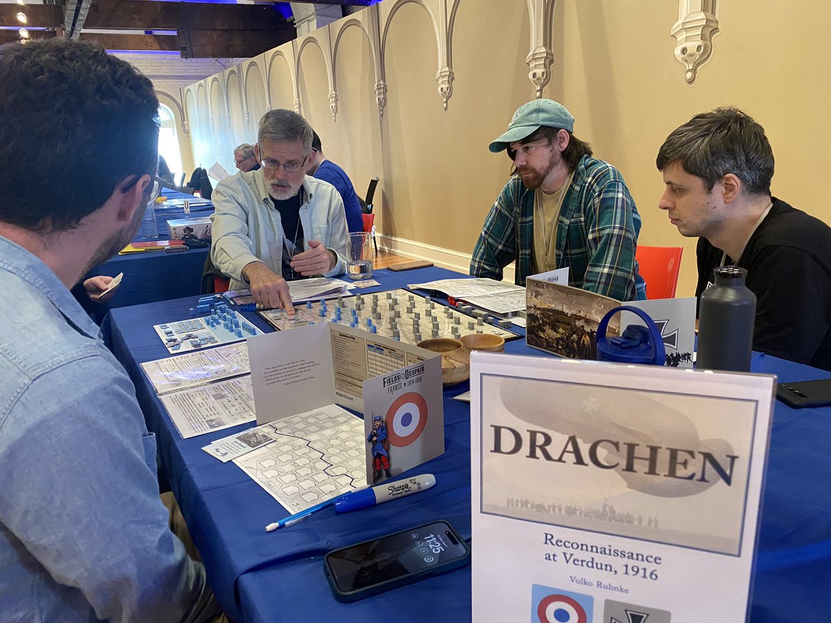 .@Volko26 leading a playtest of a prototype of Drachen, Reconnaissance at Verdun 1916 at CircleDC. @fortcircle @PKruminas