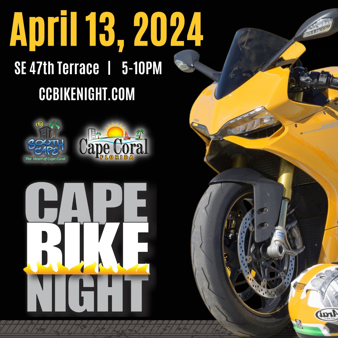 🏍️ Join us for the final Bike Night of the season! 🎉 Join us on April 13 from 5-10 PM at SE 47th Terrace in South Cape for live music, food, vendors, and more! Don't miss out! #CapeCoralBikeNight #SouthCape 🎶🍔🛣️