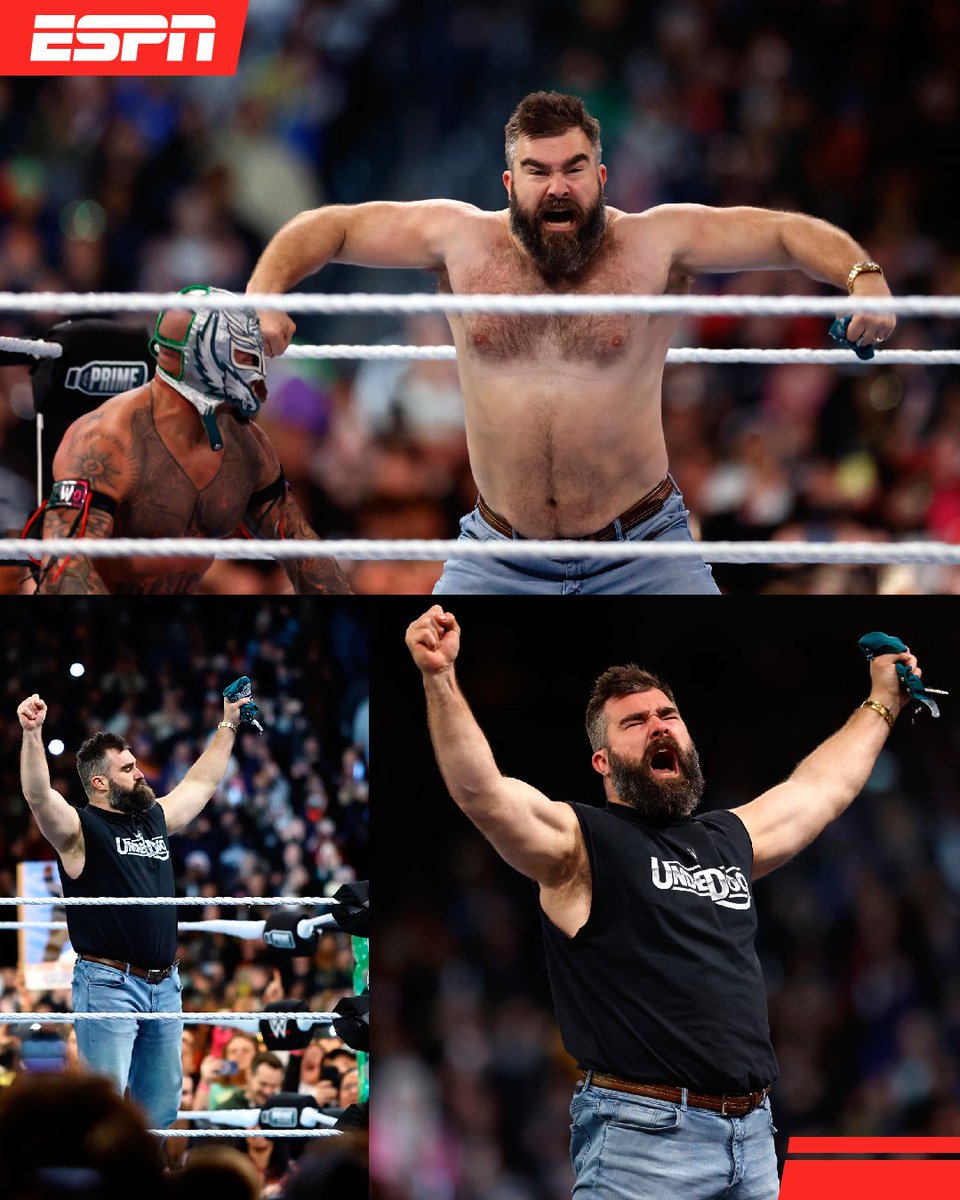 ¡EL SHOW DE KELCE EN LA WWE! 😎 💥 Jason sorprendió en #WrestleMania y ayudó a Rey Mysterio y Andrade a vender a Dominik Mysterio y Santos Escobar.