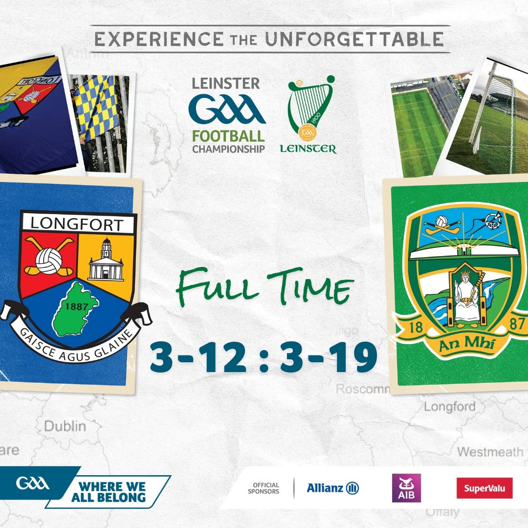 RESULT 

From the 2024 Leinster GAA Senior Football Championship Round 1

Longford         3-12
Meath              3-19

Meath advance to play Dublin in the quarter-finals

#ExperienceTheUnforgettable @OfficialLDGAA @MeathGAA