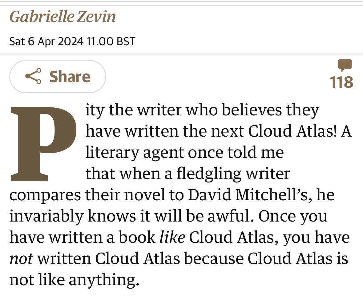 A love letter to @david_mitchell’s masterpiece Cloud Atlas on its 20th anniversary from Gabrielle Zevin, author of the wonderful Tomorrow and Tomorrow and Tomorrow. “I envy a reader who comes to this novel blank now, if such a person even exists”. theguardian.com/books/2024/apr…