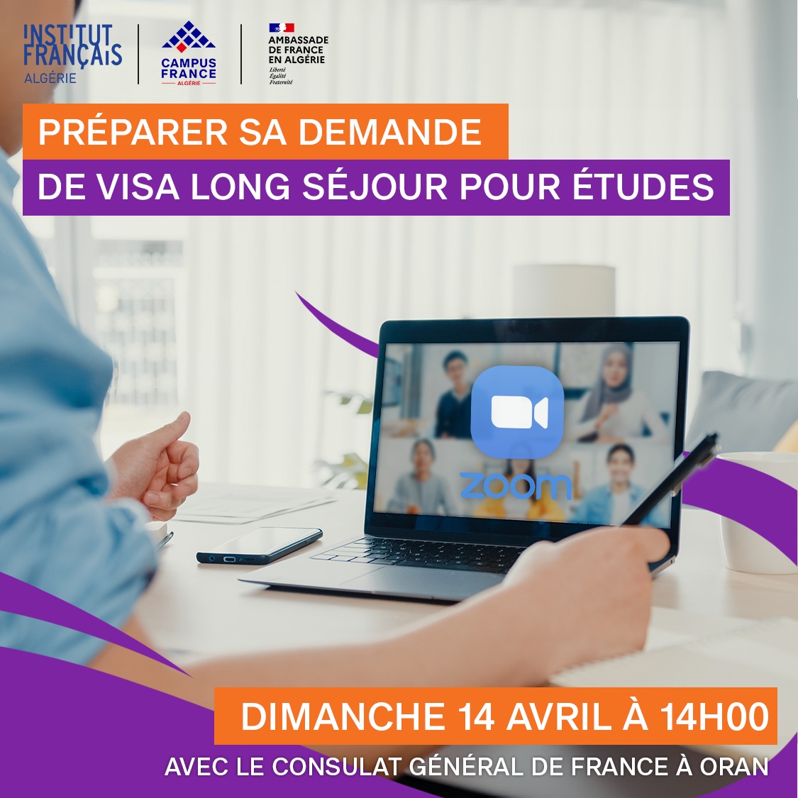 🗣 #WEBINAIRE 'Préparer sa demande de Visa Long Séjour pour Études' en collaboration avec le Consulat général de France à #Oran ⏳À noter sur vos agendas : Dimanche 14/4 à 14h via #Zoom ⬇️ Lien de connexion : algerie.campusfrance.org/webinaire-prep…