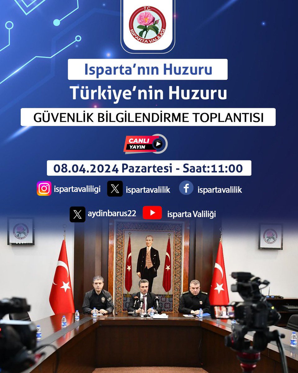 Isparta’nın Huzuru #TürkiyeninHuzuru 08.04.2024 Pazartesi saat 11.00'de gerçekleştireceğimiz Güvenlik Bilgilendirme Toplantımızı sosyal medya hesaplarımızdan canlı olarak takip edebilirsiniz. 🗓️08.04.2024 Pazartesi (Yarın) 🕐11.00