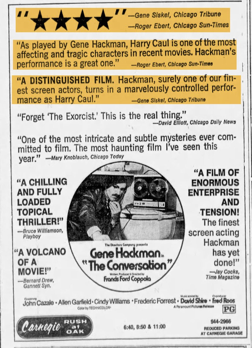 This week a half-century ago, Siskel and Ebert both loved THE CONVERSATION... cc: @mattsinger