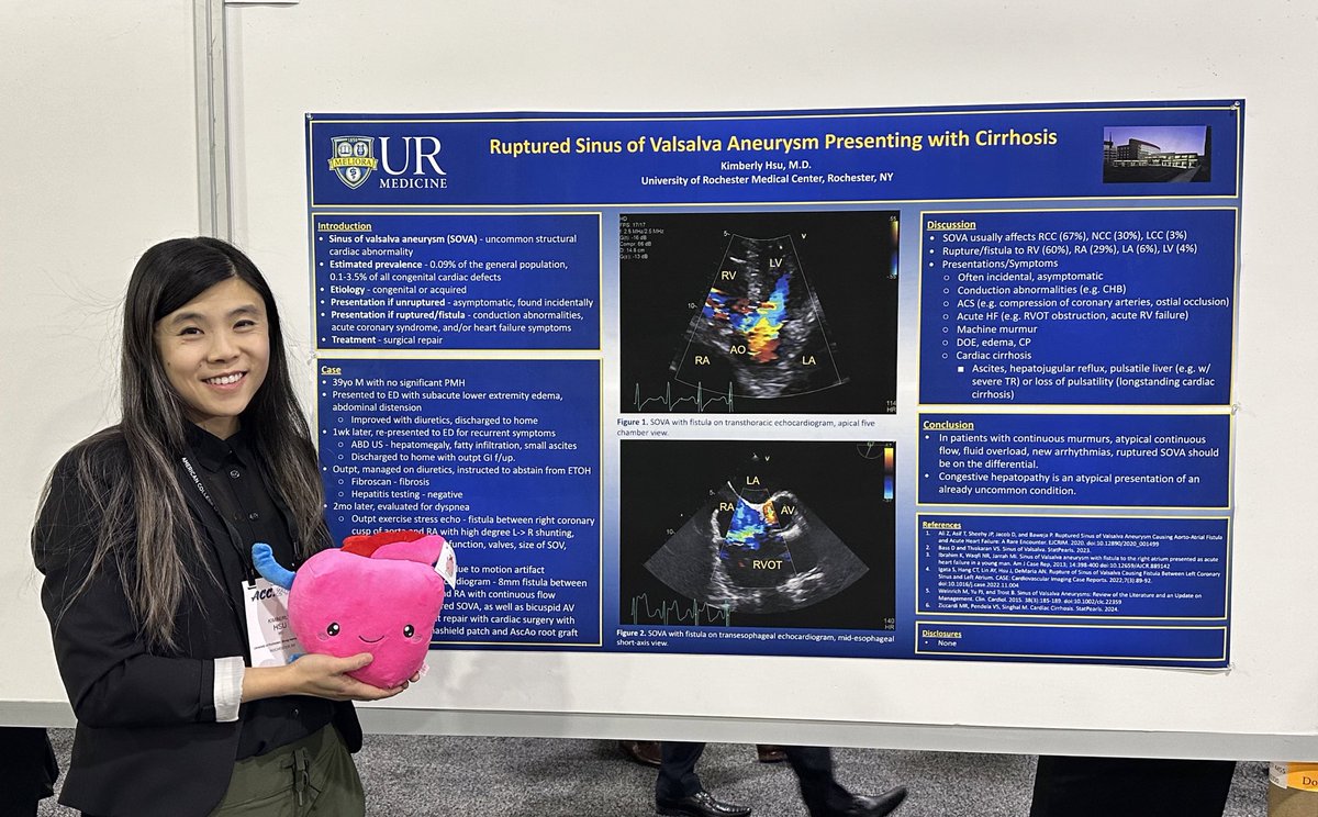 Our very own Artie and I stopped by Dr. @kimberlymeihsu’s fantastic #ACC24 poster on ruptured sinus of valsalva aneurysm. Amazing work! 🙌🏼🫀 @URMC_DeptMed #ACCWIC