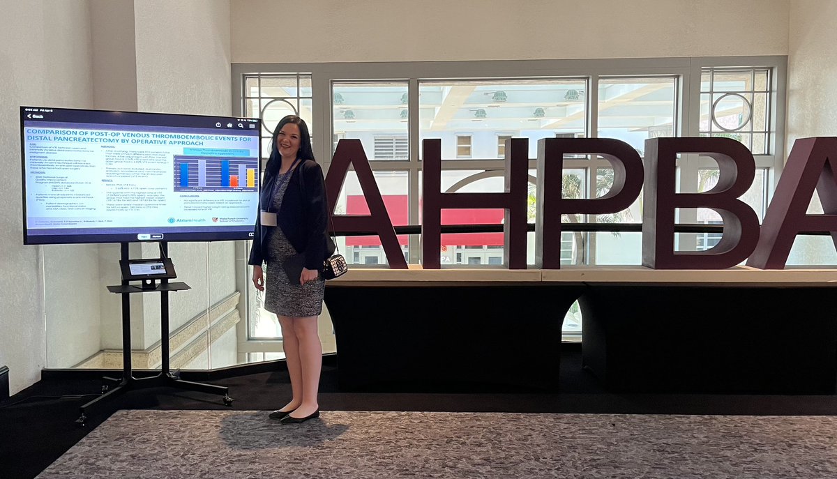 Deanna Cotsales, PGY-3, presenting data on thromboembolic events after distal pancreatectomy based on operative approach at AHPBA in Miami. Great job! #ahpba2024 @WakeSurgEd @WakeSurgonc @WakeCancer @AtriumHealthWFB