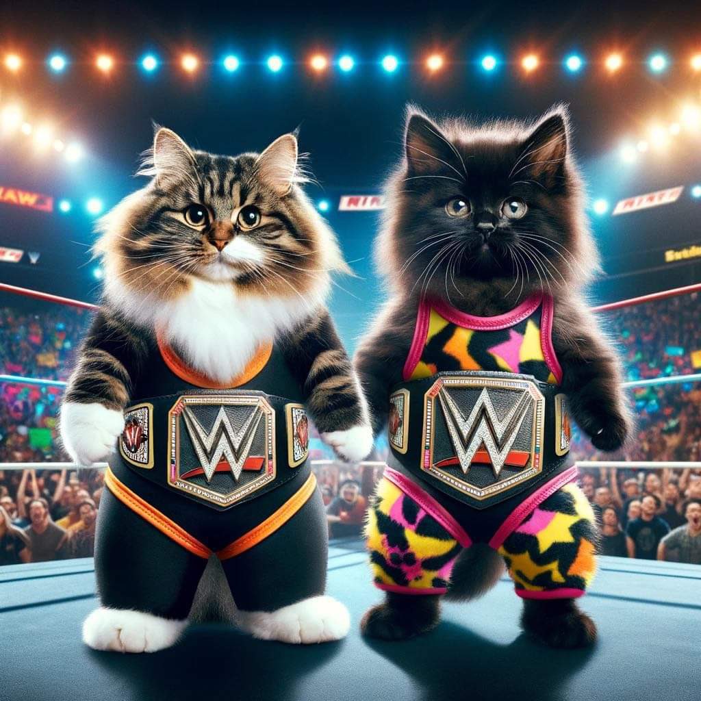 This is what it would have looked like if I won that #WrestleMania #Caturday thing yesterday, with my tiny panther friend Mira! 😸🐈‍⬛🐾