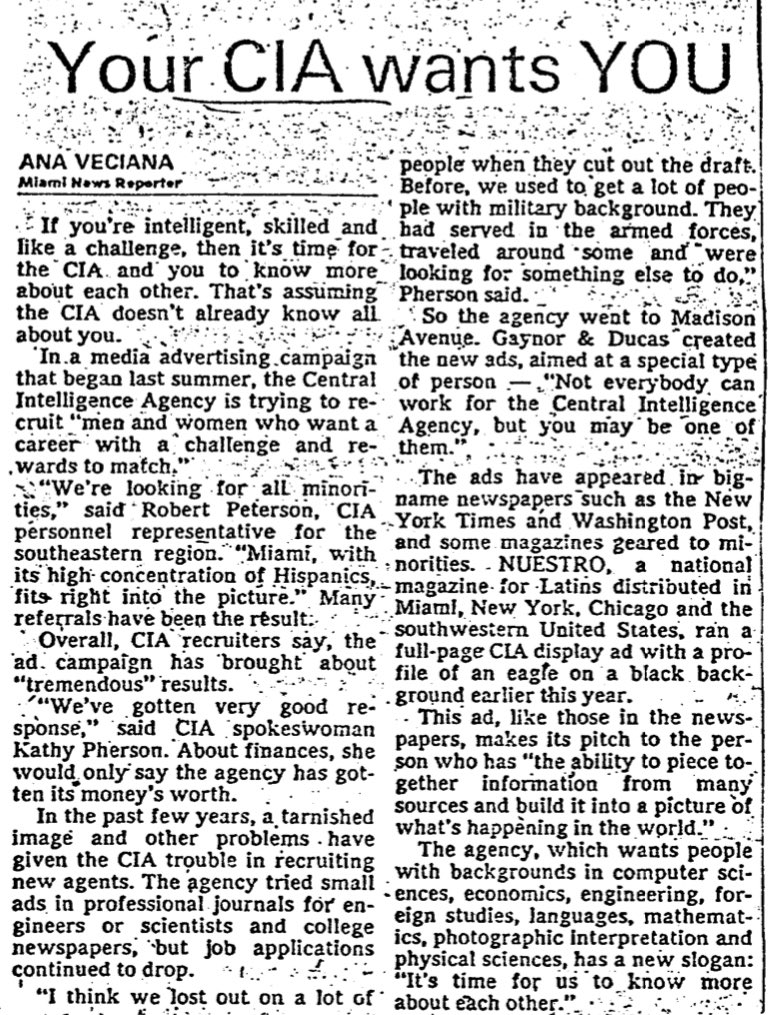 timfattig's tweet photo. The #CIA is “looking for all minorities” in this 1980 news article. (And, yes, the writer is the daughter of #Alpha66 boss and CIA super fan #AntonioVeciana.) 

(Miami News, 3/6/1980.) https://t.co/CTdyAsDMFv