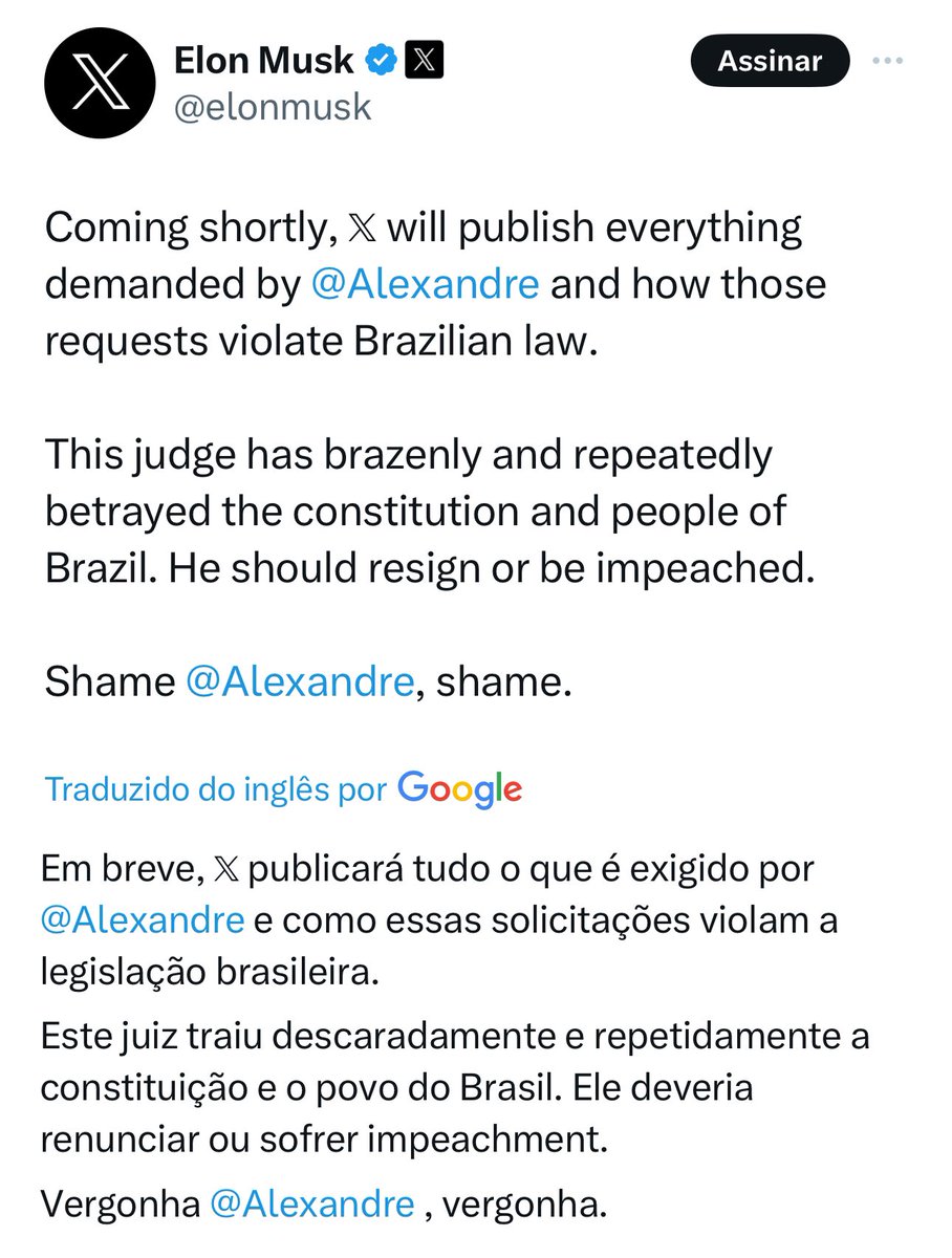 Será que o Alexandre de Moraes está se “descabelando” após saber que o Elon Musk irá expor todas as violações, traições constitucionais ao povo brasileiro e ameaças?