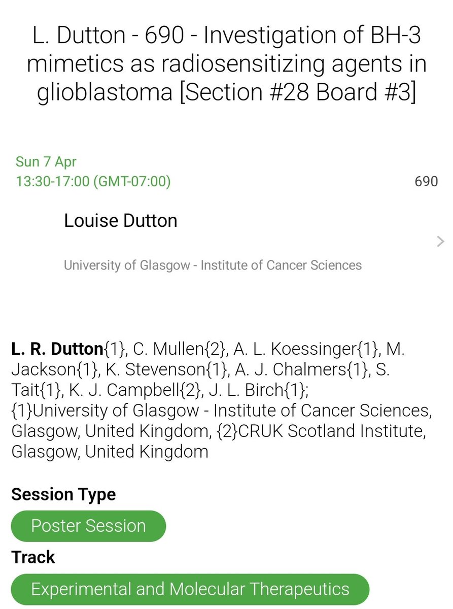 Day 3 at #AACR - presenting my poster at 1:30-5pm !! Come find me to hear about the exciting work we are doing on BH3 mimetics in combination with radiotherapy in GBM! 
<a href="/UofGCancerSci/">UofG Cancer Sciences</a> <a href="/RadNetCRUKGla/">RadNetCRUKGlasgow</a> <a href="/CRUKresearch/">Science and Innovation at Cancer Research UK</a> #CancerResearch