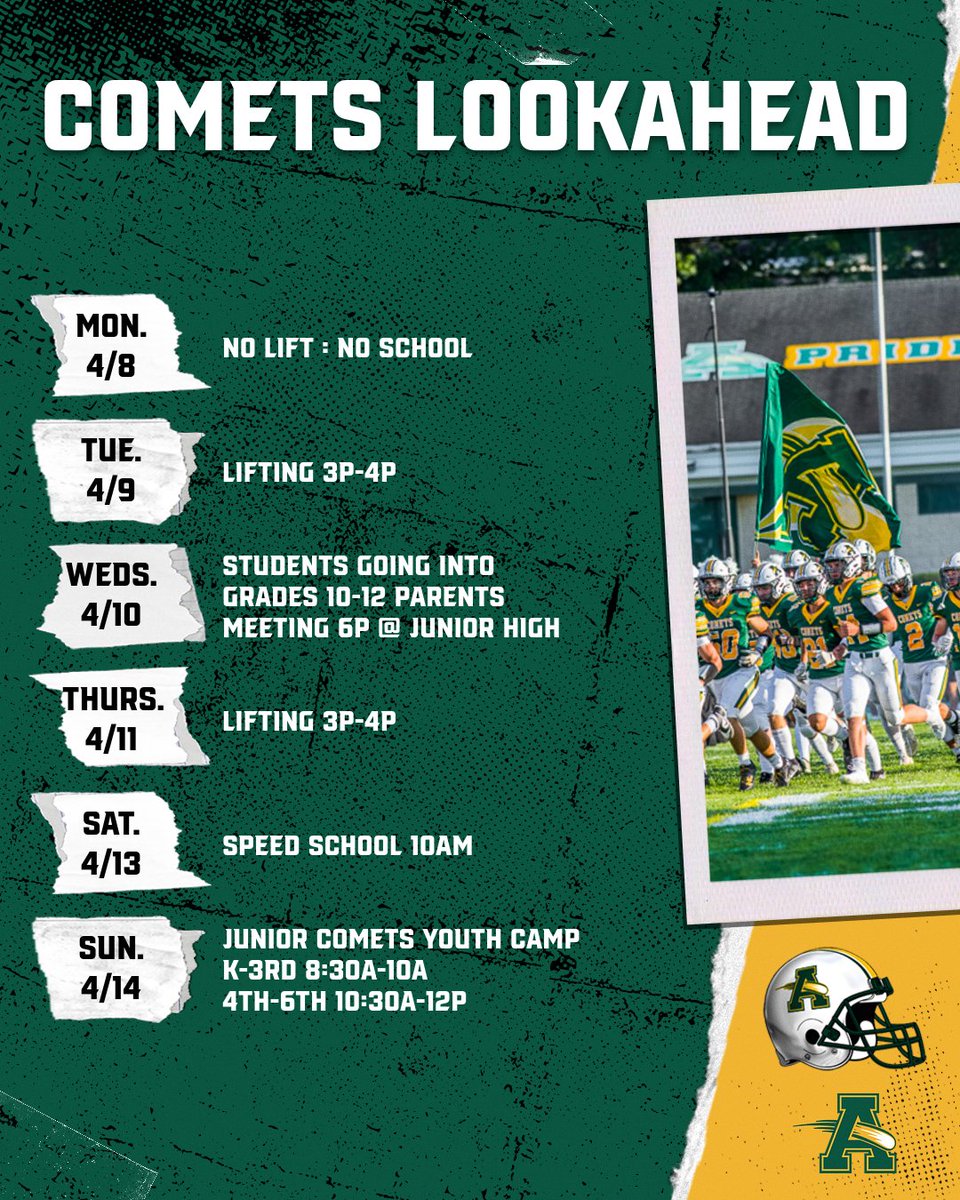 Comets look ahead! No lift this Monday, Parent meeting for incoming 10-12 this Weds. #PCE @SteeleComets @AmherstQb @AmherstFootball