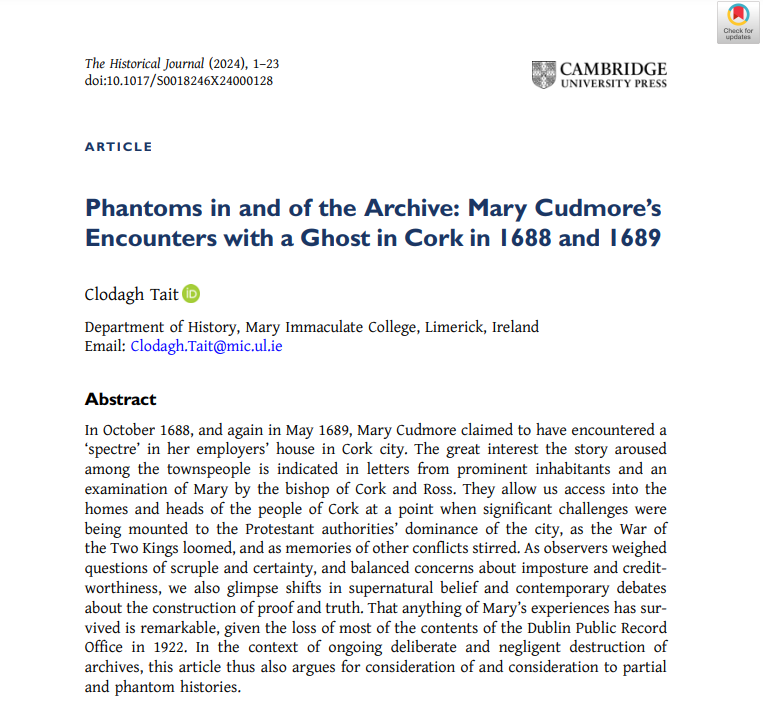 📣Out now on #firstview! Clodagh Tait (@tait_clodagh) (@HistoryatMIC) on 'Phantoms in and of the Archive: Mary Cudmore’s Encounters with a Ghost in Cork in 1688 and 1689' #History #Belief #Supernatural #Religion 👻📜 🔓Read open access here: cambridge.org/core/journals/…