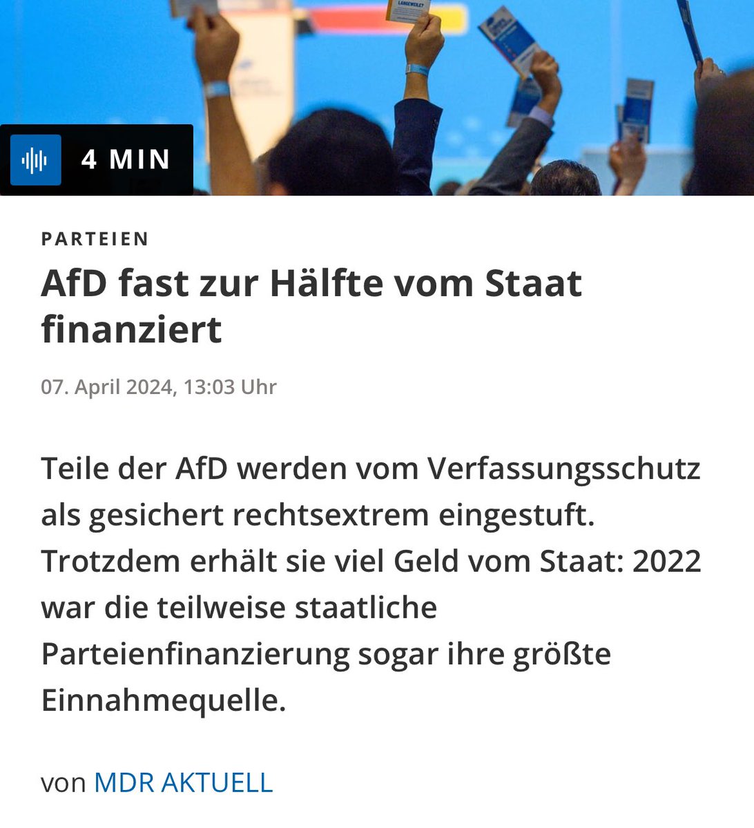 Wie lustig, dass die AfD diese Kachel postet (bereits gelöscht) und am selben Tag die Meldung über staatliche Zuschüsse zur AfD Finanzierung erscheint :-) Ich sag doch: es ist eine Satire-Partei.