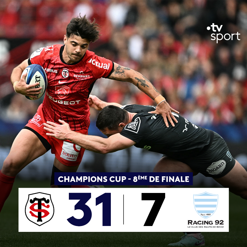 francetvsport's tweet photo. #InvestecChampionsCup | 🔴⚫️ Le Stade Toulousain sort largement vainqueur du duel 100% 🇫🇷 face au Racing 92 (31-7) et se qualifie pour les quarts de la Champions Cup ! #STRC92
⚔️ Dans une semaine, les Rouge et Noir affronteront les Anglais d'Exeter pour une place en demies.