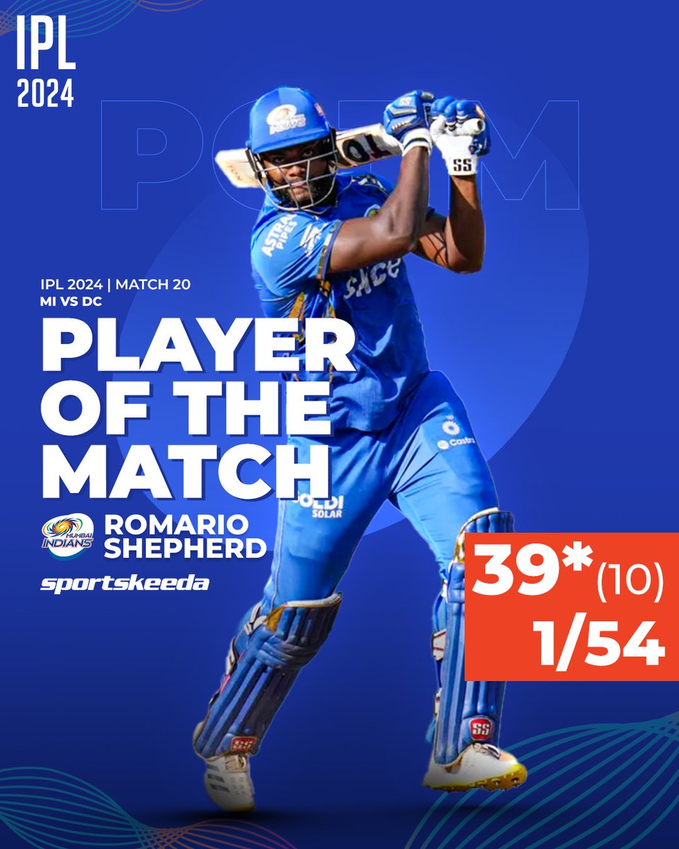 #IPL2024 20th Match 🏏 #MumbaiIndians beat #DelhiCapitals by 29 runs #MI - 234/5, #DC - 205/8 Player of the Match - #RomarioShepherd (10 Balls 39* & 1/54) #IPL #IPL24 #MIvsDC #MIvDC #IPLonJioCinema #IPLonStar #CricketTwitter