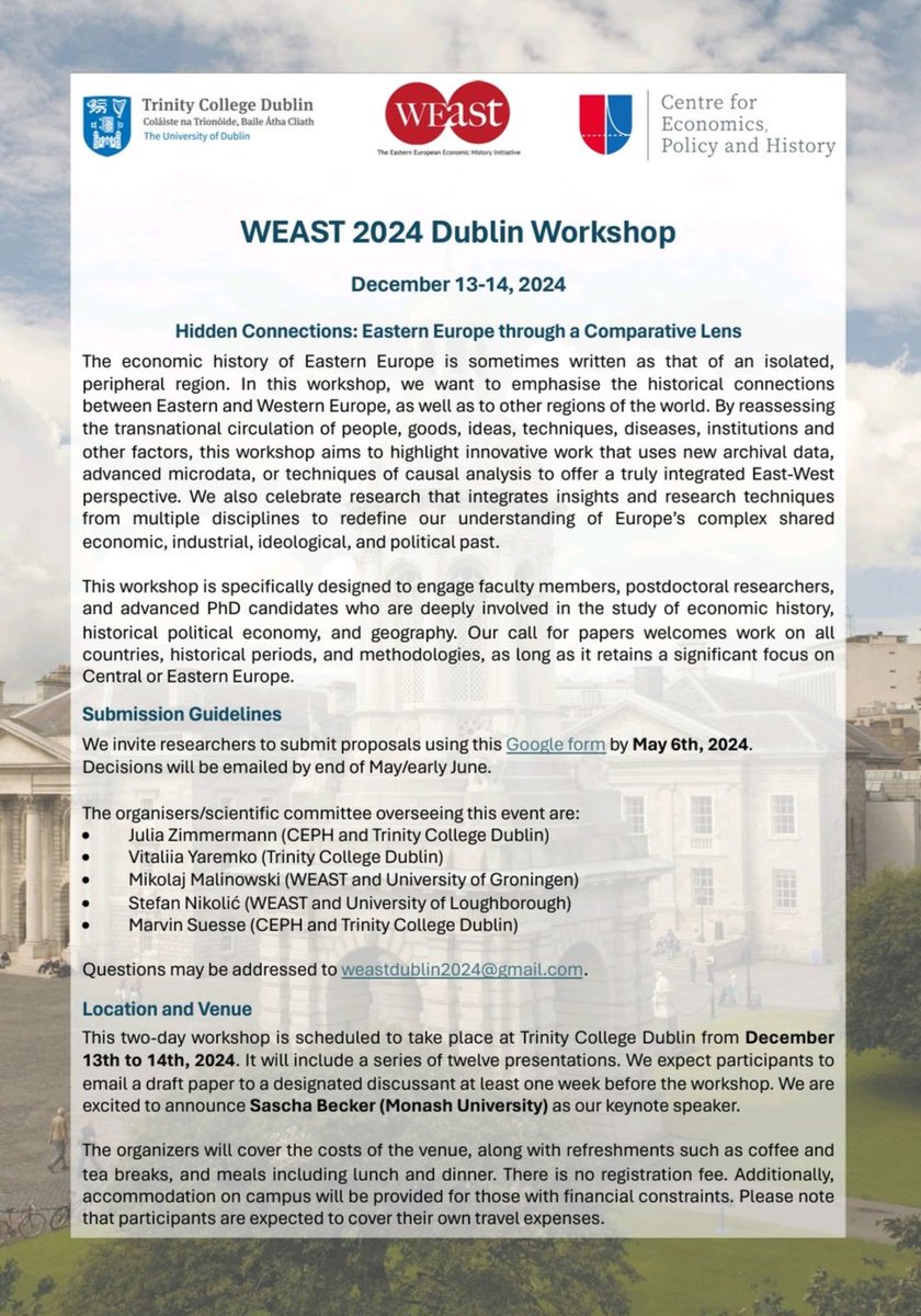 Are you working on the economic history of Eastern Europe? 🚨 Then you should apply for the WEast Workshop in Dublin! 🚨 We will have a lively 2-day program with 12 presentations and @essobecker as a keynote speaker. The application is due on May 6th! More details below 👇