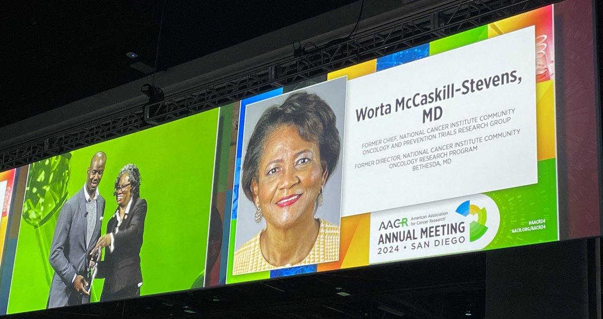 Plenary @AACR #AACR24 … Lucille Campbell presenting the Dr Worta McCaskill-Steven’s award to her son - We Advance the Cause #remembering