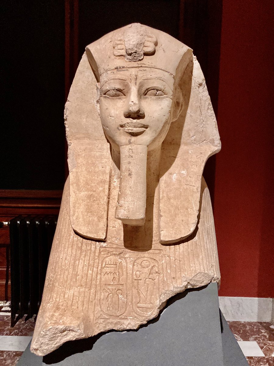 fragment of a sphinx statue of King Amenhotep III whose throne and personal names are inscribed in the cartouches. Even though the finest details have been finished, some traces of paint remain of the sculptor's preliminary sketch #statuesunday #wien @KHM_Wien
